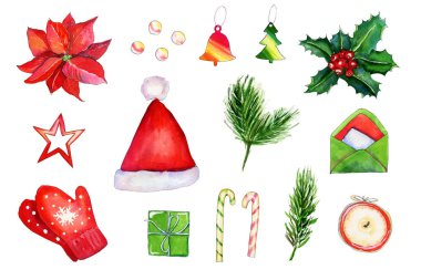Suluboya kırmızı ve yeşil noel seti beyaza izole edildi
