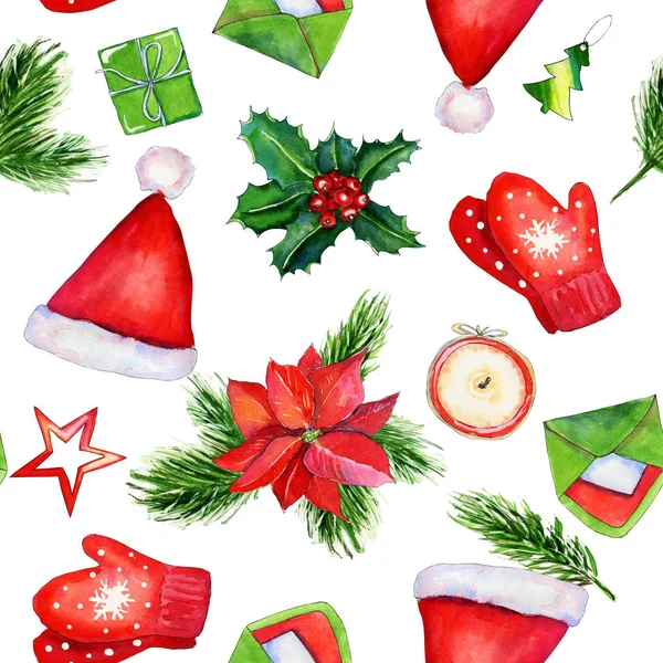 Leuchtend rot und grün Weihnachten nahtlose Muster mit Dekorationen auf weiß — Stockfoto