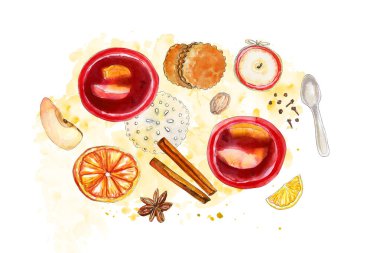 Sıcak şarap ile sıcak kırmızı ve kahverengi düz düz kış kompozisyonu