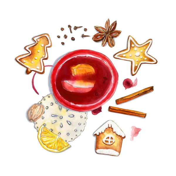 Flatlay composition hivernale avec vin chaud et boulangerie sur fond blanc — Photo