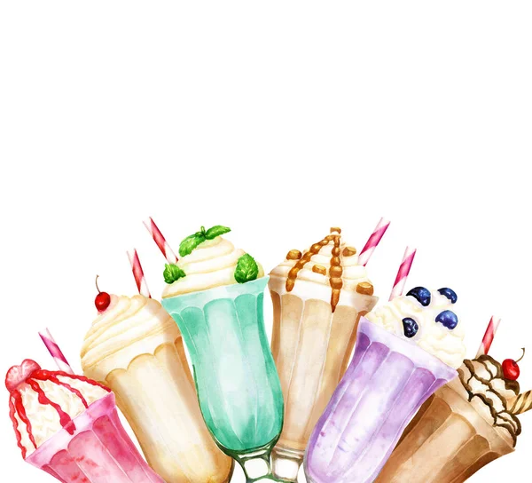 Akvarell bakgrund med söta milkshakes på vit — Stockfoto