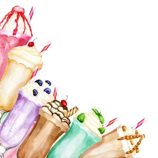 Υδατογραφία γωνία με γλυκό milkshakes σε λευκό — Φωτογραφία Αρχείου