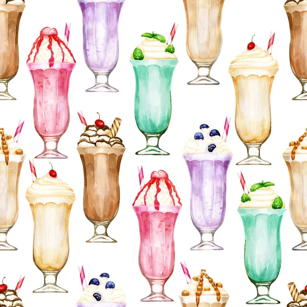 Watercolor seamless pattern with bright milkshakes on white — Stockfoto