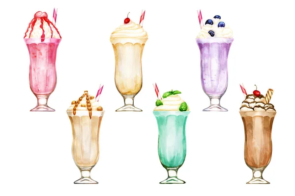 Watercolour set of six hand drawn sweet milkshakes isolated on white — Stockfoto