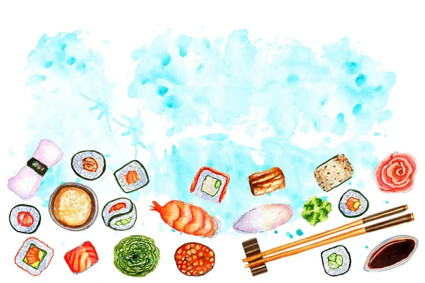 Composição flatlay horizontal aquarela com comida tradicional japonesa — Fotografia de Stock