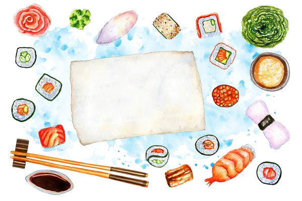 Watercolor horizontal flatlay composition with Japanese sushi, rolls and sheet of paper — ストック写真