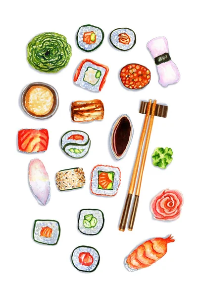 Watercolor vertical composition with Japanese sushi, rolls and place for text — ストック写真