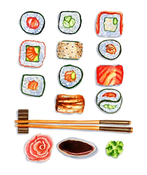 Composition aquarelle des rouleaux de sushi japonais traditionnels — Photo