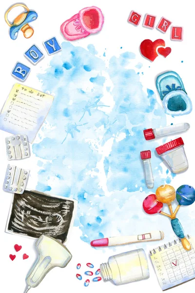 Aquarel verticale plattegrond illustratie van verwachte baby symbolen met plaats voor tekst — Stockfoto