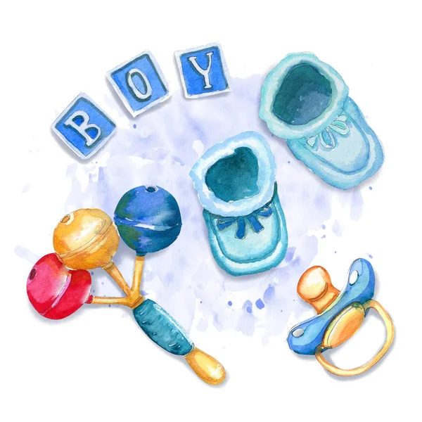 Watercolor baby boy composition on paint splashes — Stock Photo, Image