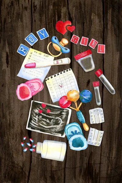 Watercolor vertical flatlay illustration of pregnancy symbols on wooden background — Stock Photo, Image