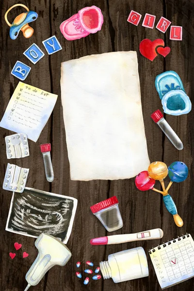 Watercolor vertical flatlay illustration of pregnancy symbols on wooden background with sheet of paper — Stock Photo, Image