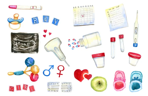 Aquarel set van zwangerschap symbolen geïsoleerd op wit — Stockfoto