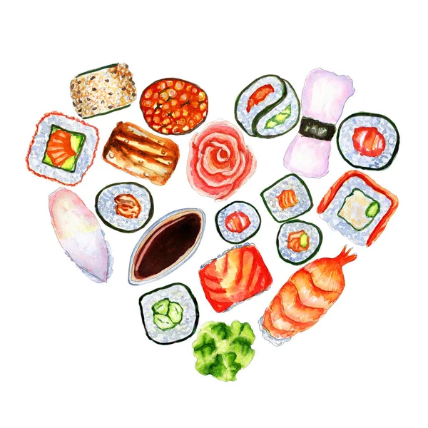 Acquerello composizione a forma di cuore con sushi giapponese, rotoli e posto per il testo — Foto Stock