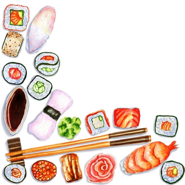 Composition d'angle aquarelle avec sushi japonais, rouleaux et place pour le texte — Photo