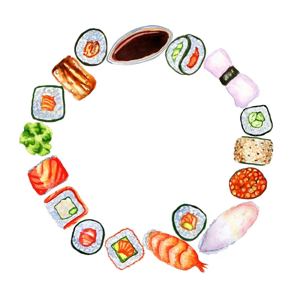 Akvarel kruh s japonským sushi, role a místo pro text — Stock fotografie