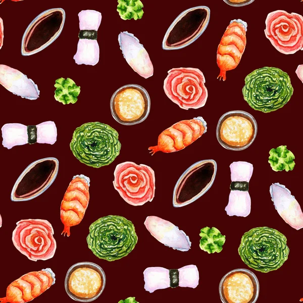 Akvarell sömlös mönster med japanska nigiri sushi på mörkröd bakgrund — Stockfoto