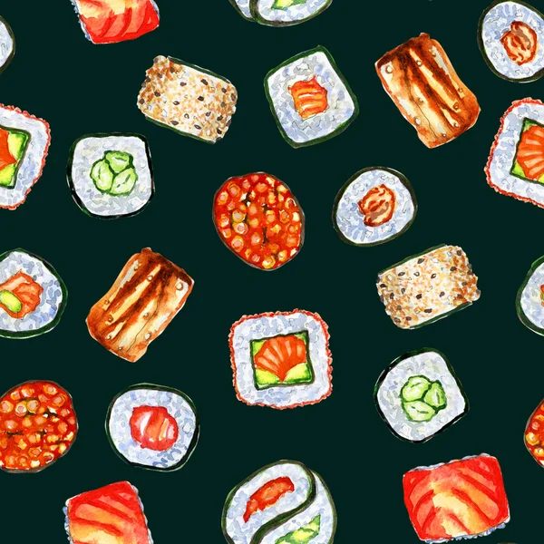 Watercolor seamless pattern with Japanese rolls on dark green background — Stock Photo, Image