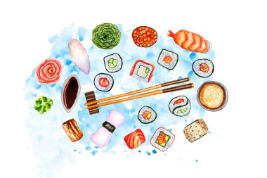 Japon suşisi ve rulo ile suluboya yatay düzleştirme kompozisyonu