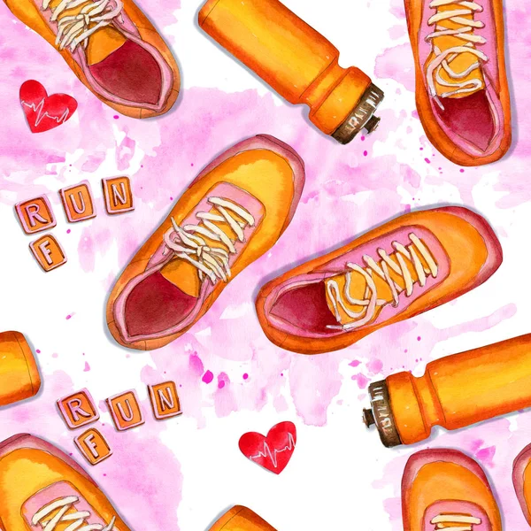 Fitness seamless pattern with sneakers and bottle on pink watercolor — Stock Photo, Image