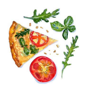 Beyaz üzerine pizza margaritalı suluboya bez kompozisyon