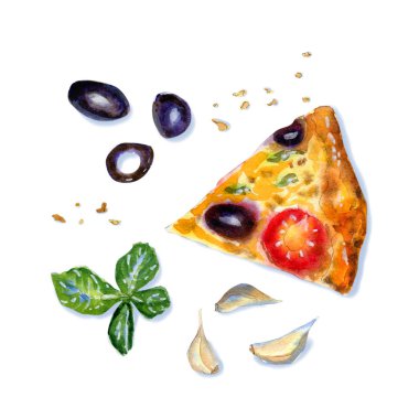 Beyaz domatesli vejetaryen pizzanın suluboya kompozisyonu