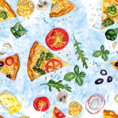 Elle çizilmiş suluboya kusursuz desenli vejetaryen pizzayla mavi üzerine