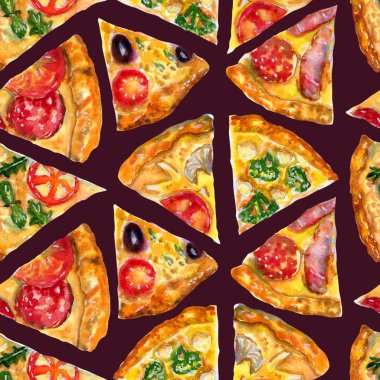 Elle çizilmiş suluboya kusursuz desenli ve menekşe üzerine pizza parçaları