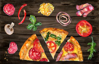 İçinde pizza ve ahşap malzemeler olan suluboya kompozisyon.