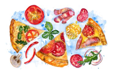 Pizzalı suluboya kompozisyon ve mavi malzemeler.