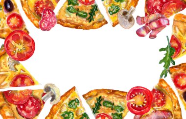 Pizzalı suluboya çerçeve ve beyaz üzerine malzemeler