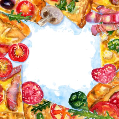 Pizzalı suluboya kare çerçeve ve mavi malzemeler