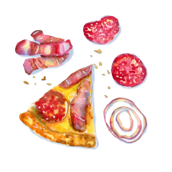 Watercolor flatlay composition with meat pizza on white — Stock Photo, Image