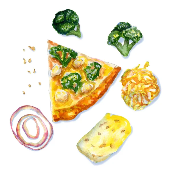 Akvarelové ploché složení s vegetariánskou pizzou na bílém — Stock fotografie