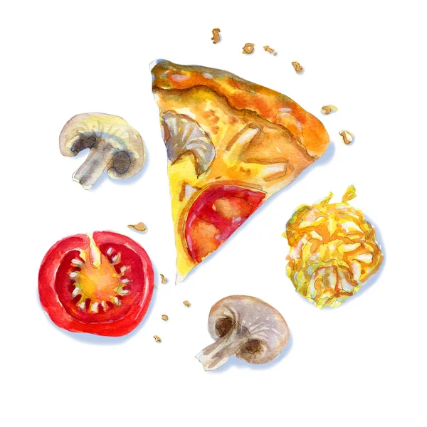 Aquarelle composition flatlay de pizza aux champignons sur blanc — Photo