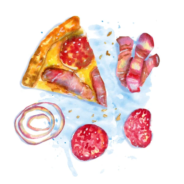 Акварель плоский состав с мясом пицца на голубой — стоковое фото