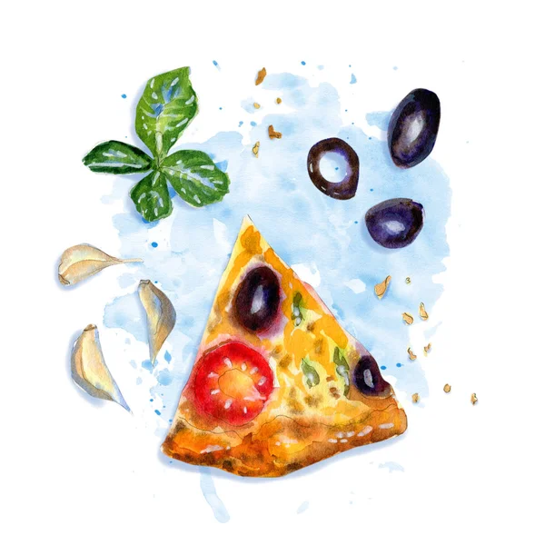Aquarelle composition flatlay de pizza végétarienne avec tomates sur bleu — Photo
