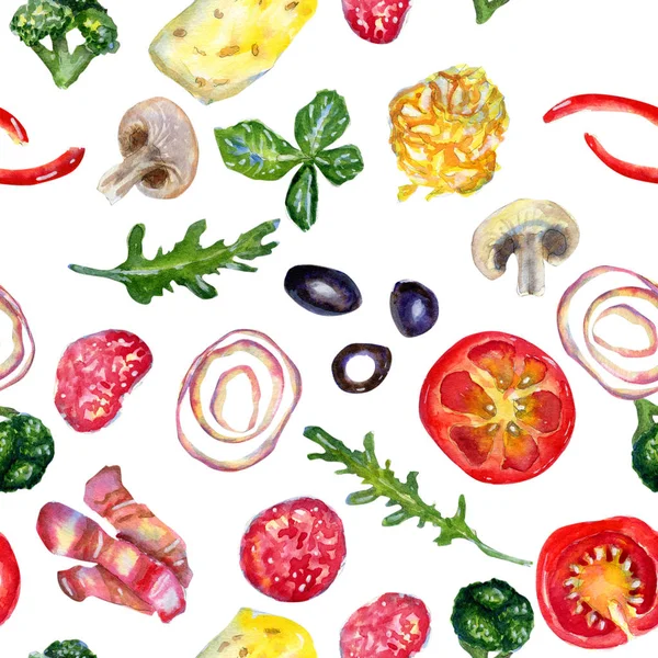 Modello acquerello disegnato a mano senza cuciture con ingredienti della pizza su bianco — Foto Stock