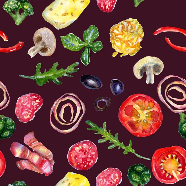 Handritad akvarell sömlös mönster med pizza ingredienser på violett — Stockfoto