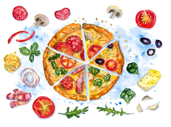 Acquerello composizione flatlay con pizza e ingredienti su blu — Foto Stock