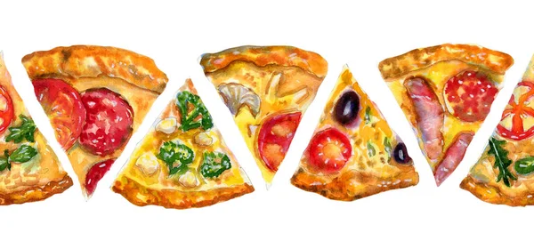 Bande sans couture aquarelle dessinée à la main avec des morceaux de pizza sur blanc — Photo