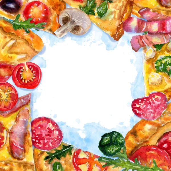 Moldura quadrada aquarela com pizza e ingredientes em azul — Fotografia de Stock