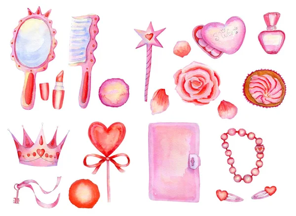 Pretty watercolor little princess accessories set isolated on white — Stock Photo, Image