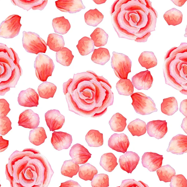 Bonito patrón de acuarela sin costuras con rosas y pétalos sobre fondo blanco — Foto de Stock