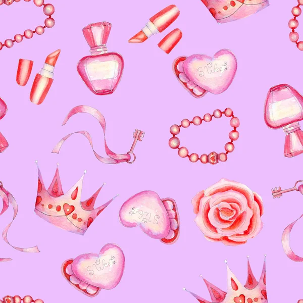 Pretty watercolor seamless pattern with little princess accessories on pink