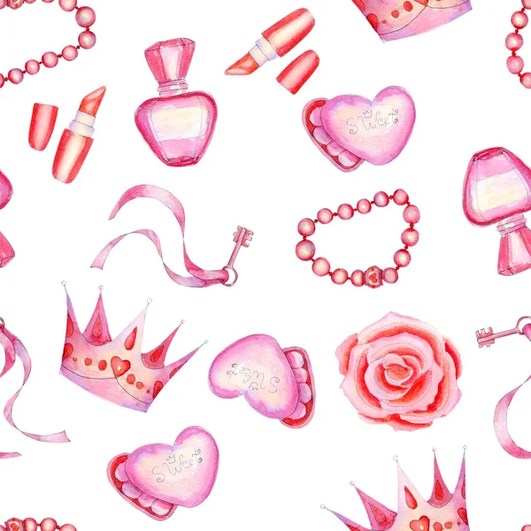 Pretty watercolor seamless pattern with little princess accessories on white — Stock Photo, Image