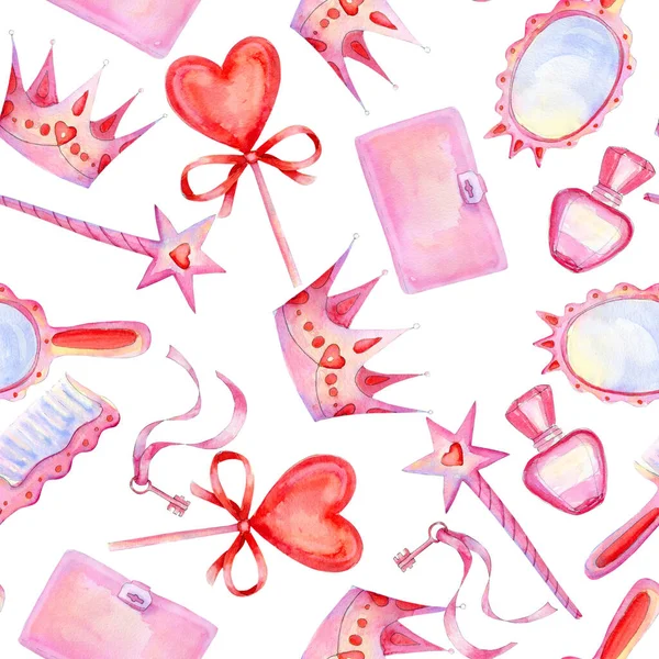 Watercolor seamless pattern with little princess accessories on white — Stock Photo, Image
