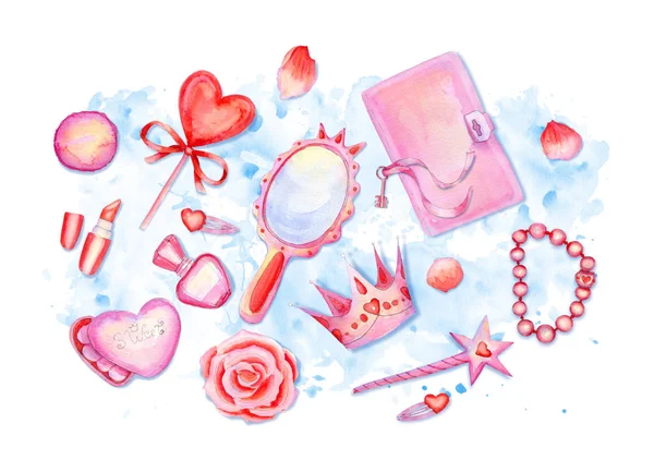 Pretty watercolor flatlay composition with little princess accessories on blue splattered background — Stock Photo, Image