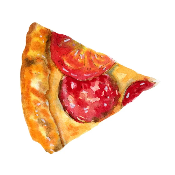 Aquarela com fatia de pizza de pepperoni isolada em branco — Fotografia de Stock