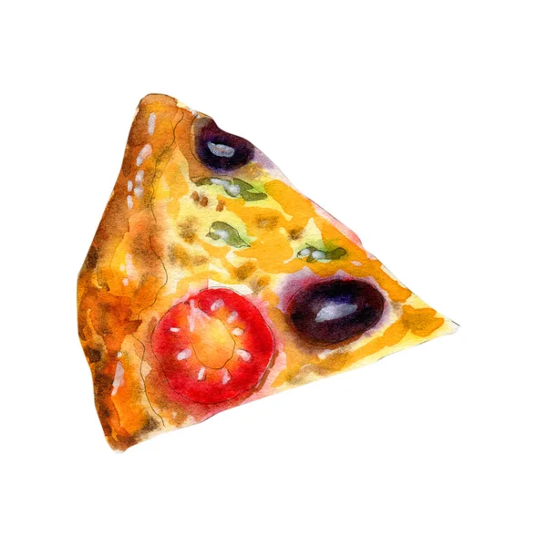 Акварельная вегетарианская пицца с помидорами, изолированными на белом — стоковое фото